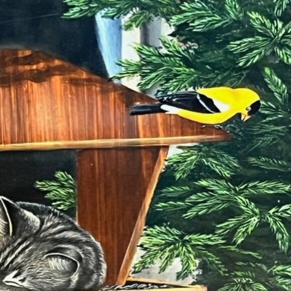 Vintage Cat in bird house Comical Painting on wood plaque wall decor cat lovers - Picture 3 of 5